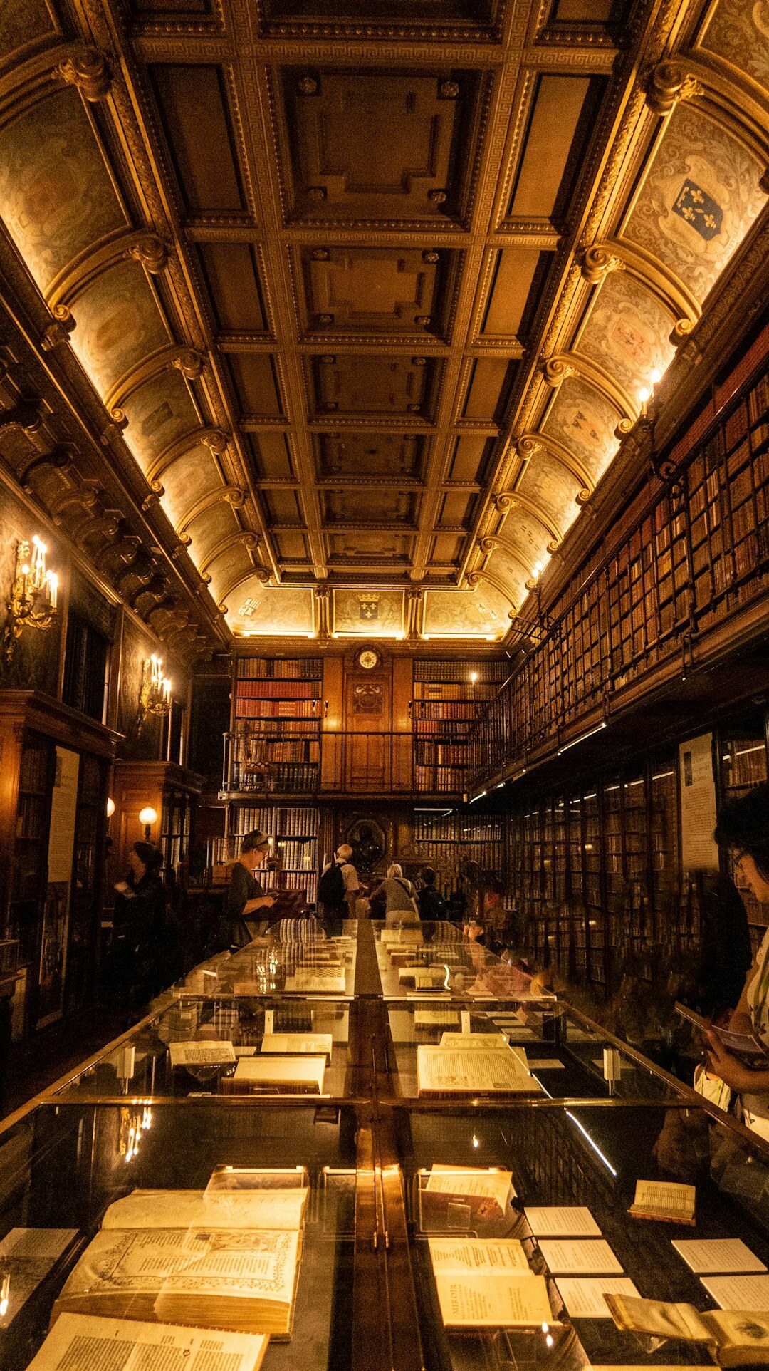 Old library with tall wooden bookshelves and warm lighting